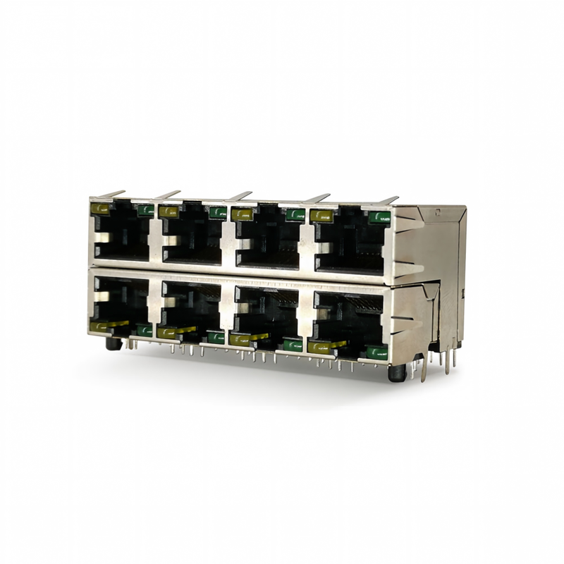 Double Layer 2-16 Ports RJ45 Modular Connector with LED Light Female Socket Metal Housing Brass Contact for PCB